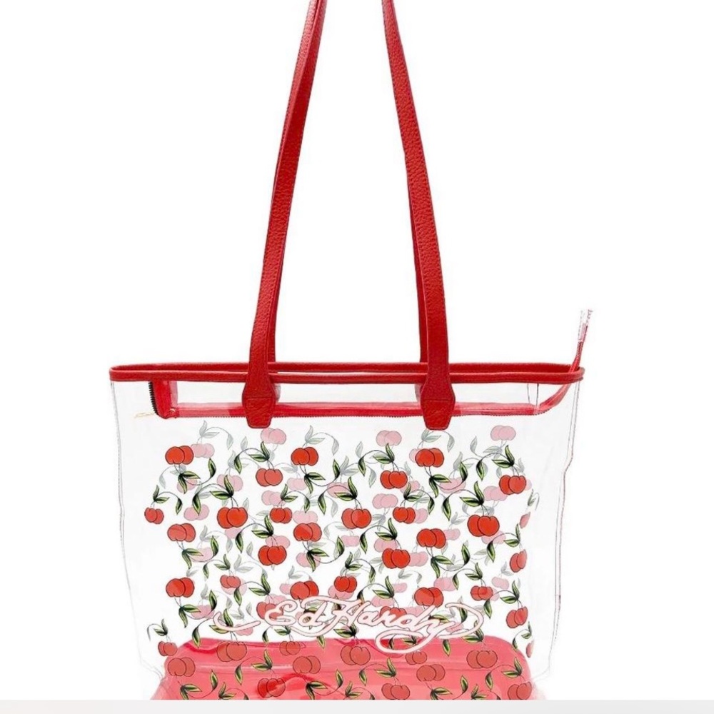 Ed Hardy Cherry Print Clear Tote Bag with Red Accents